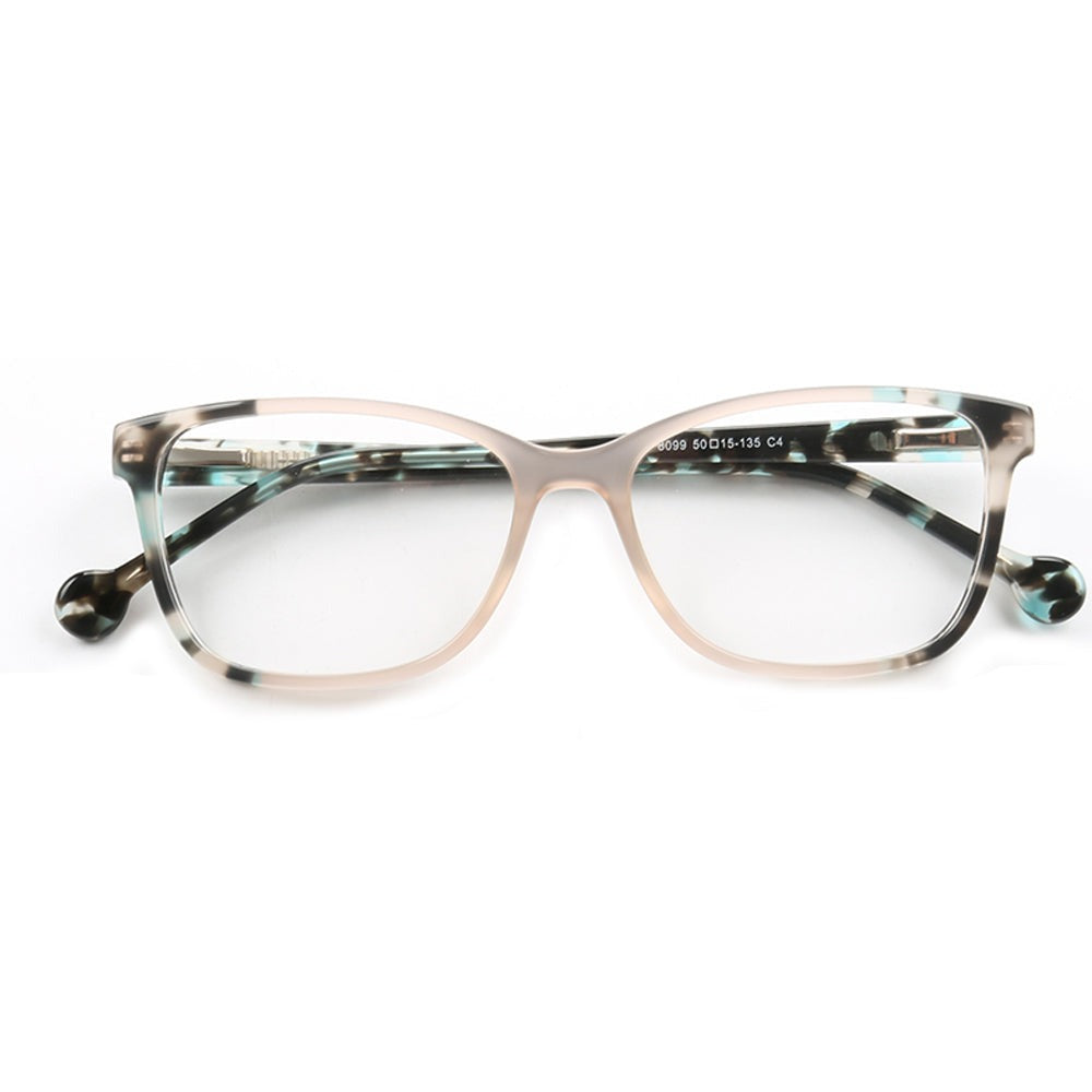Front view of blue and white tortoise shell eyeglasses