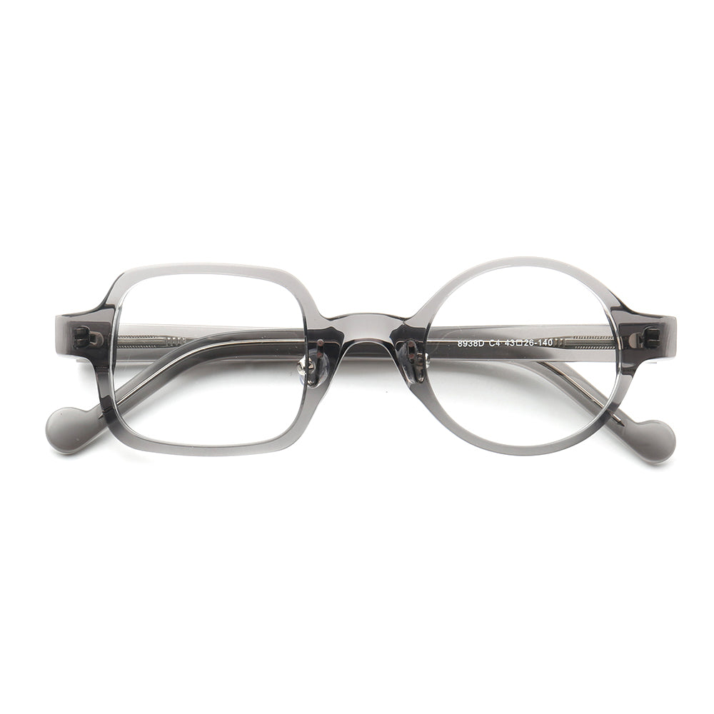 A pair of grey mismatch square and round eyeglass frames