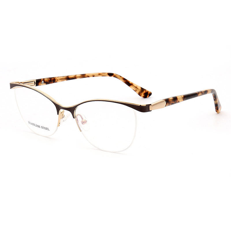 Regina | Half Rim Stainless Steel Eyeglasses For Women | Modern Frame w/ Patterned Temple