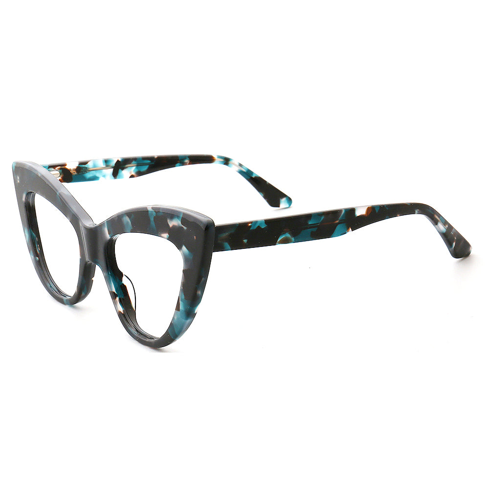 Side view of blue tortoise oversized cat eye glasses