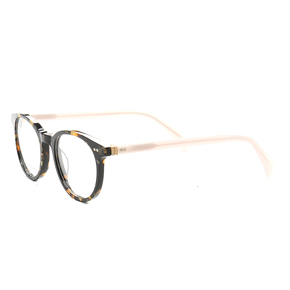 Side view of round tortoise shell eyeglasses