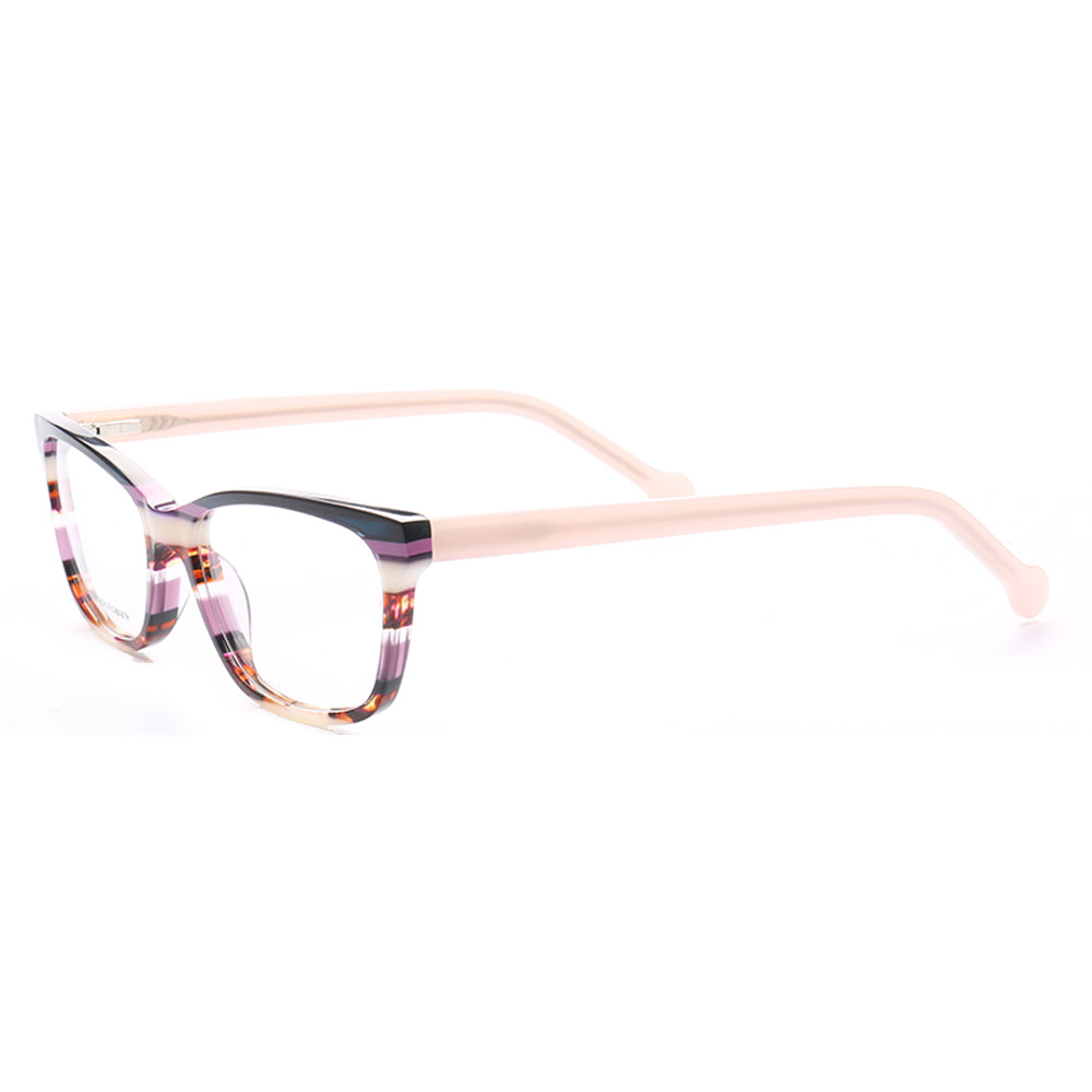 Side view of striped full rim acetate eyeglasses for women