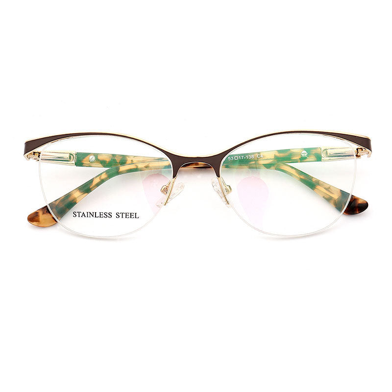 Regina | Half Rim Stainless Steel Eyeglasses For Women | Modern Frame w/ Patterned Temple