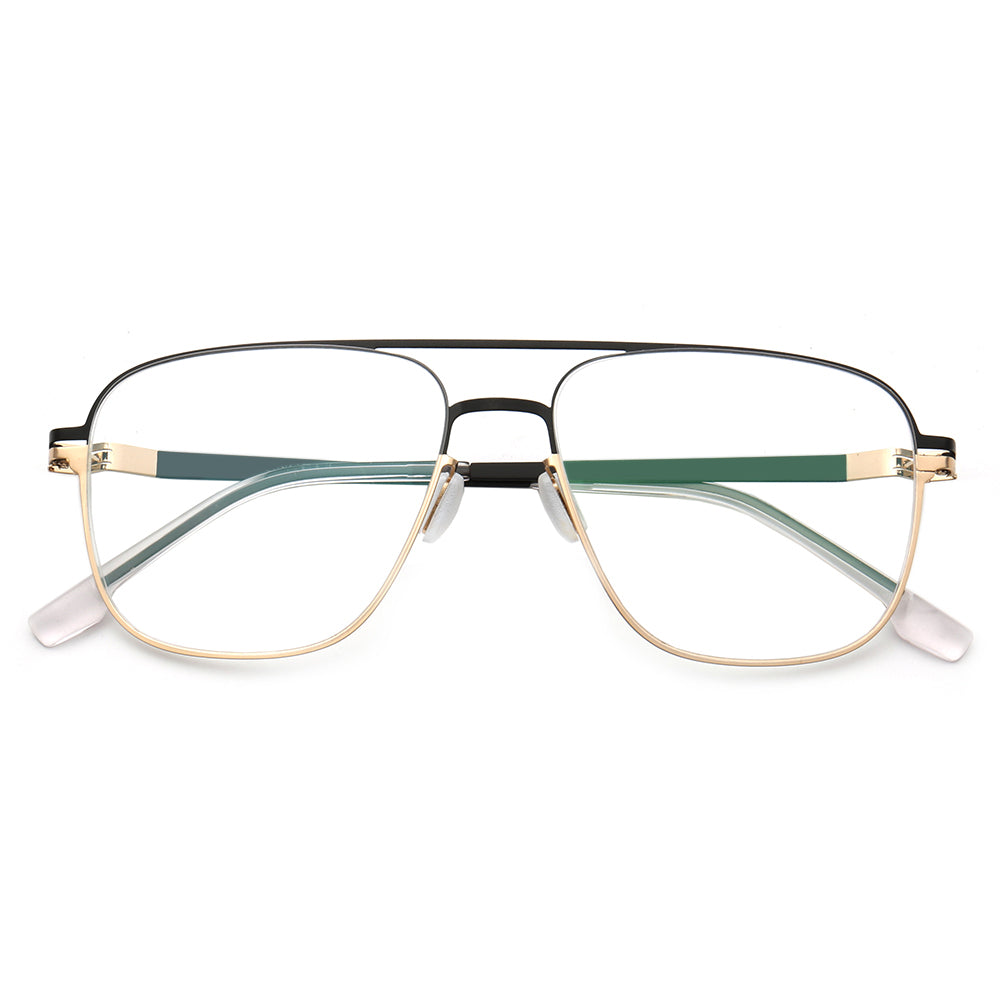 A pair of black and gold pilot style metal eyeglasses