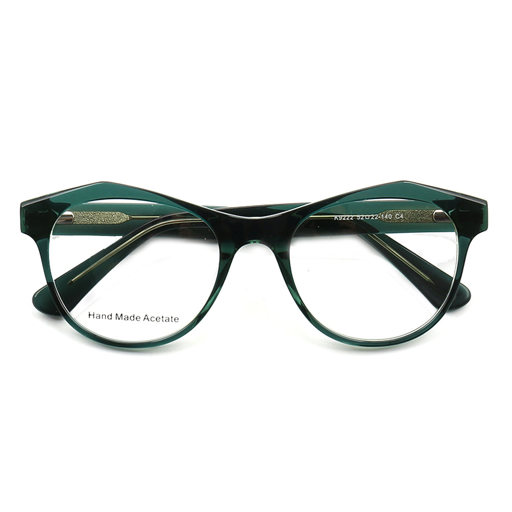 A pair of transparent green cat eye glasses for women