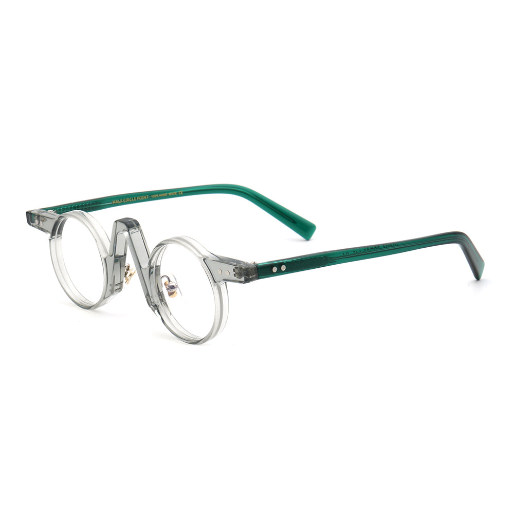Side view of grey and green round eyeglasses