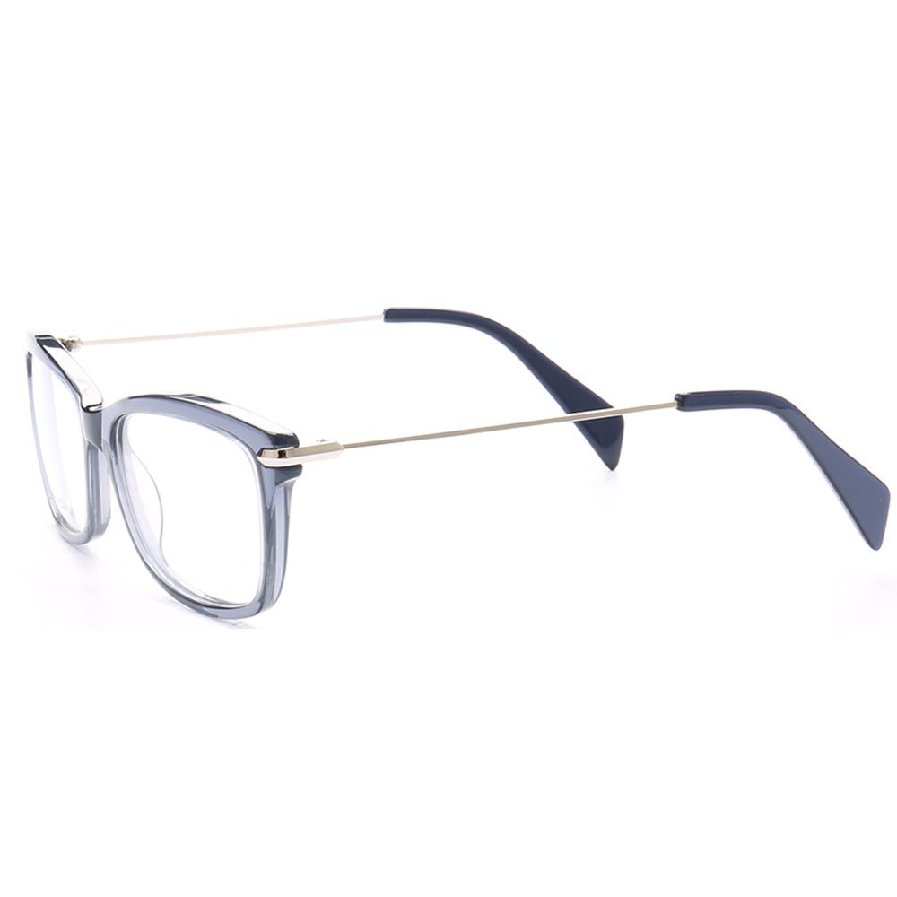Side view of blue acetate and metal eyeglass frames