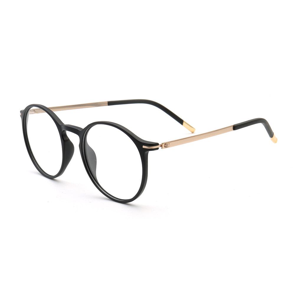 A side view of black round full rim TR eyeglasses