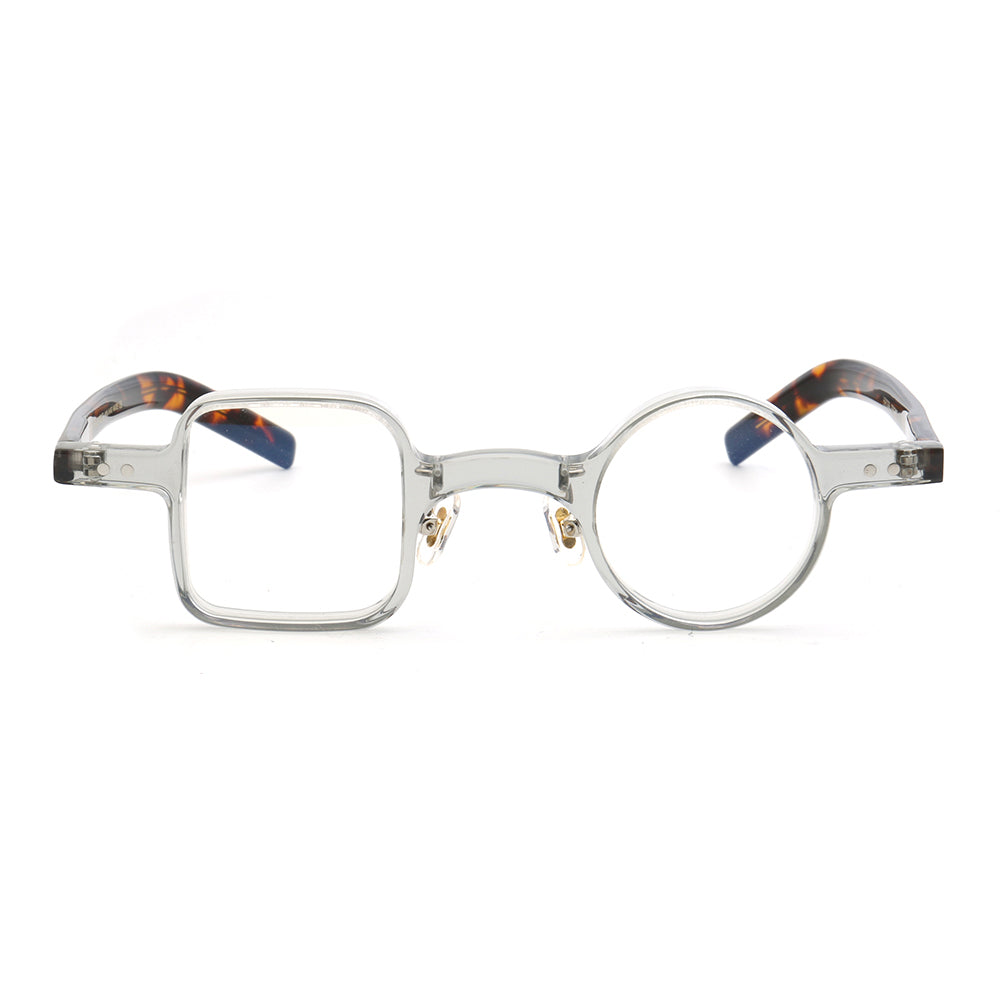 Clear mismatch eyeglass frames with tortoise temples