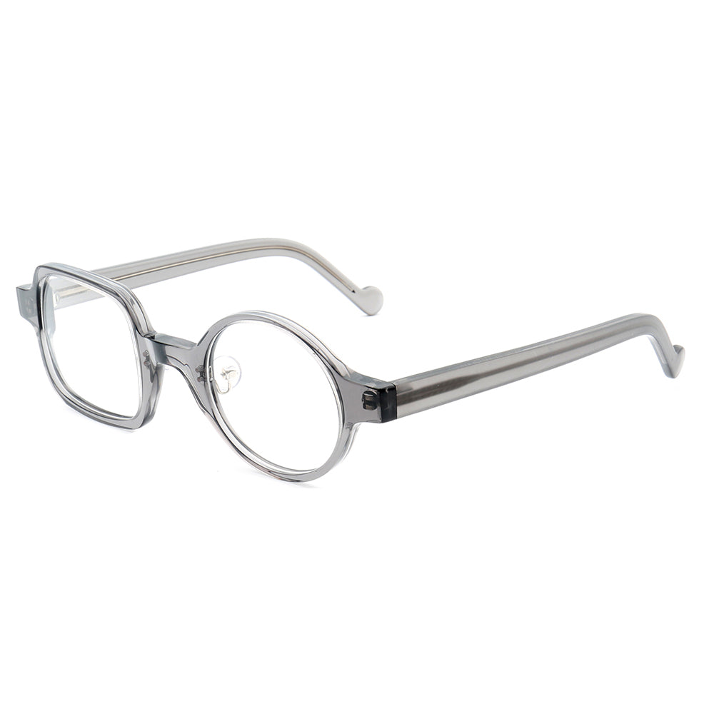 Side view of grey square and round mismatch eyeglasses