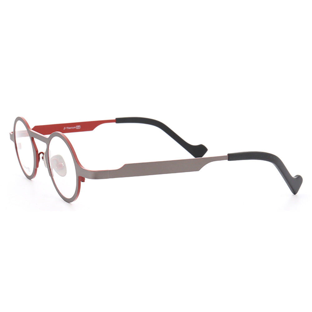 Side view of grey and red retro titanium eyeglasses