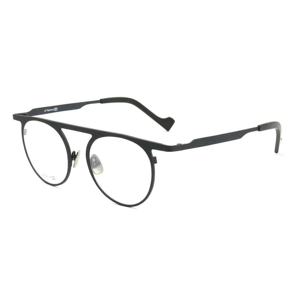 Side view of retro flat top titanium eyeglass frames