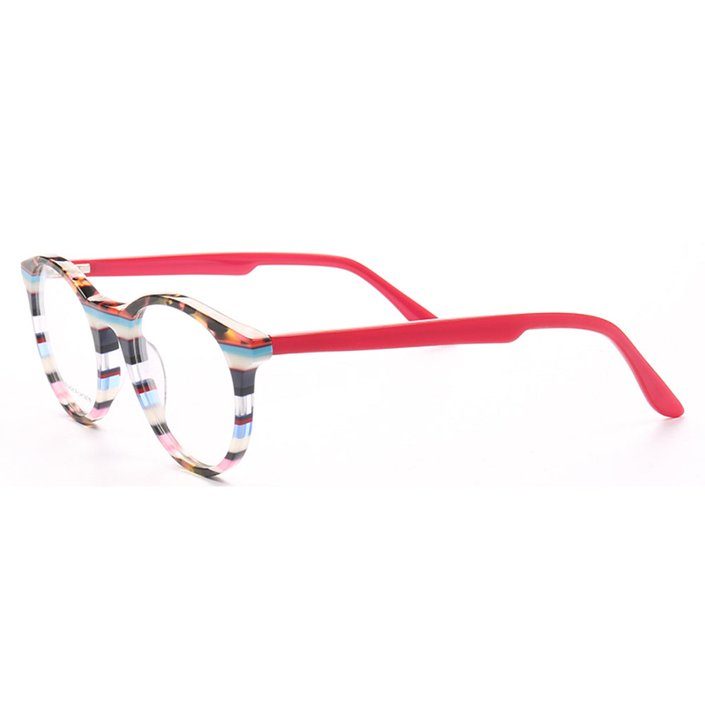 Side view of red patterned round acetate eyeglasses