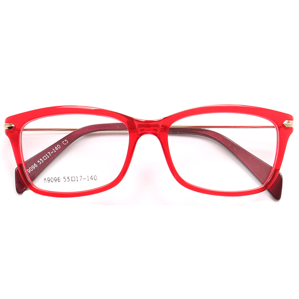 A pair of red acetate and metal eyeglass frames