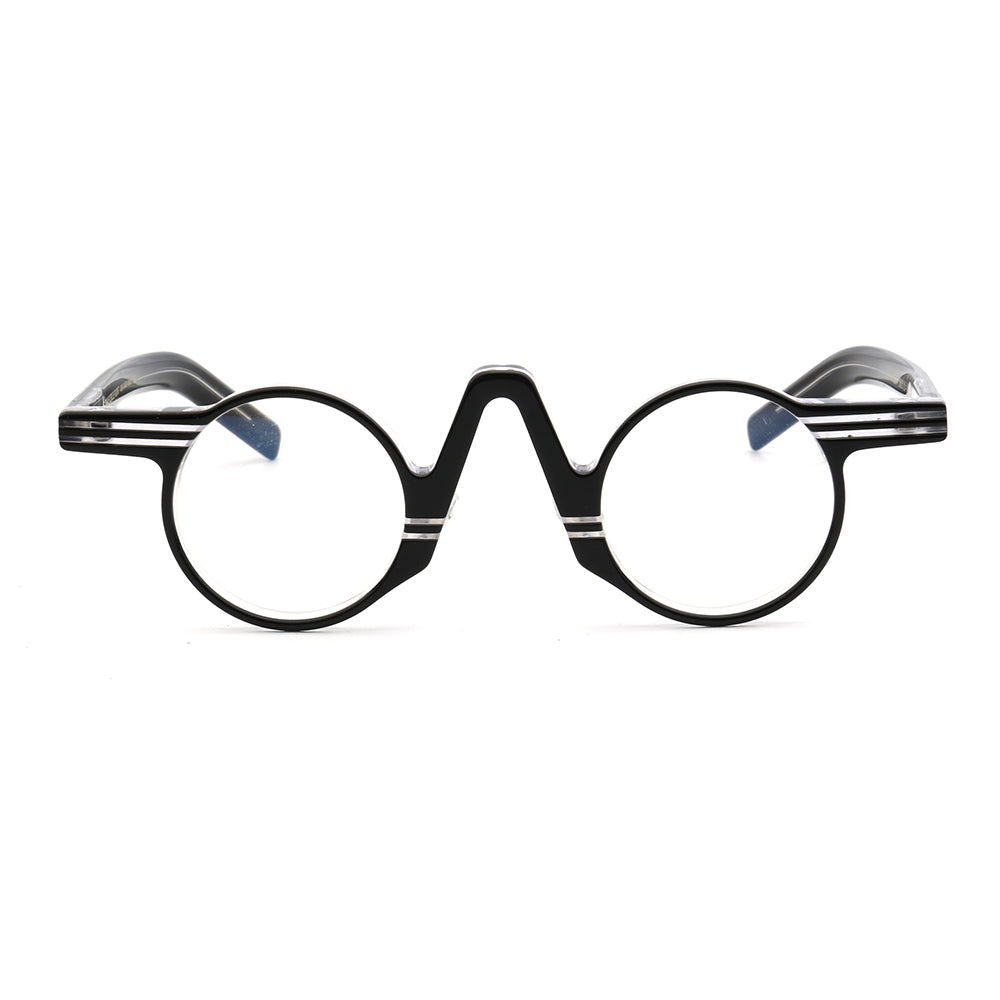 Front view of black and clear round retro glasses