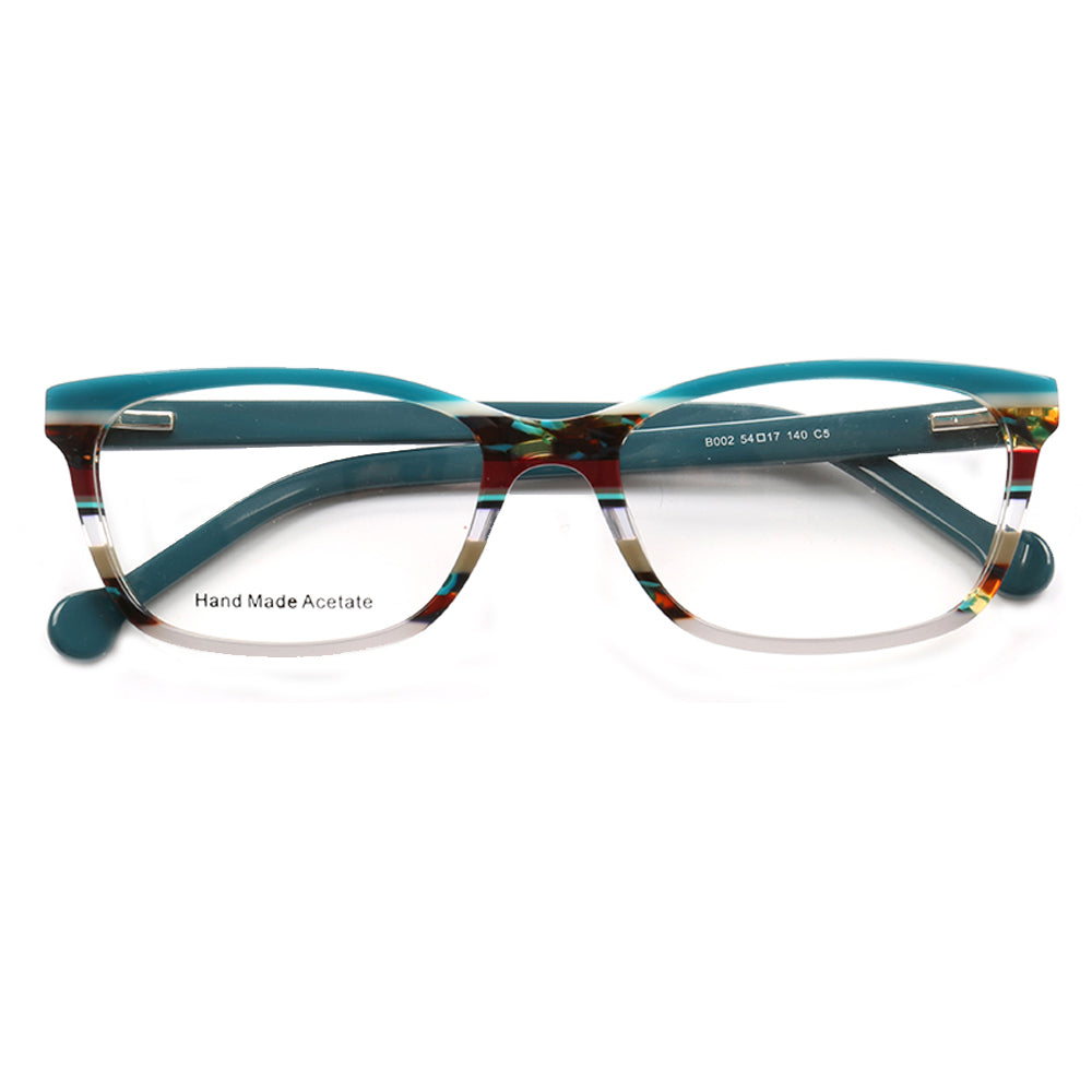 A pair of teal colored full rim glasses frames for women