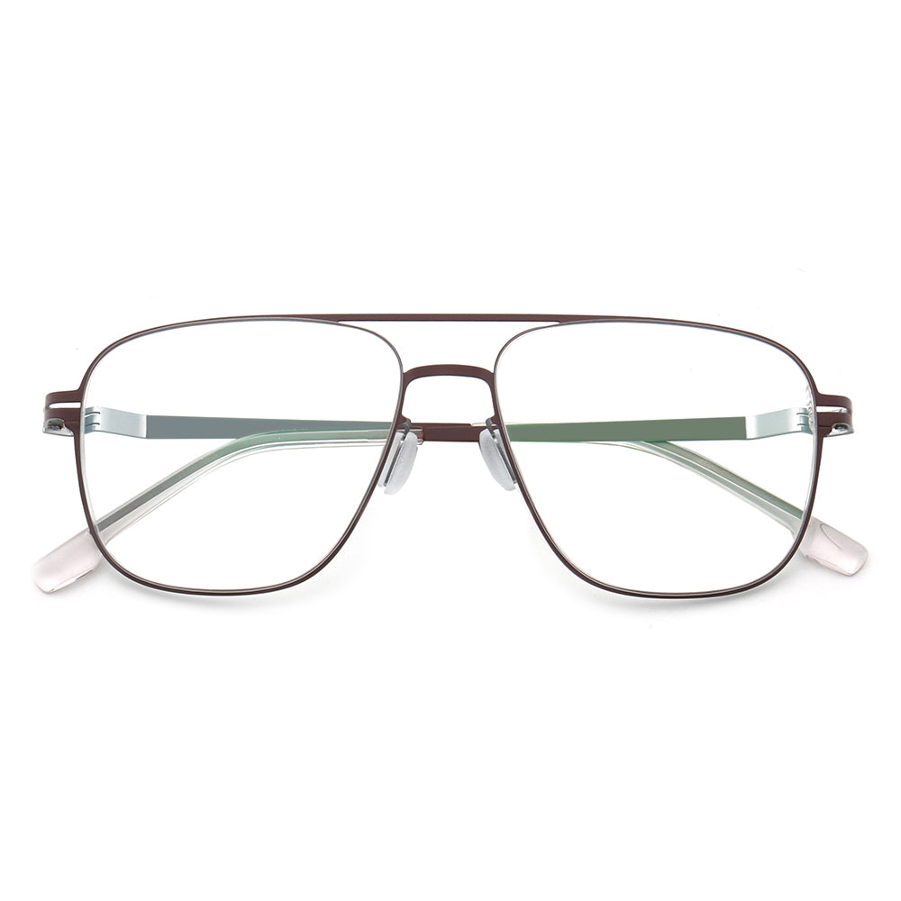 A pair of full rim pilot style metal eyeglass frames