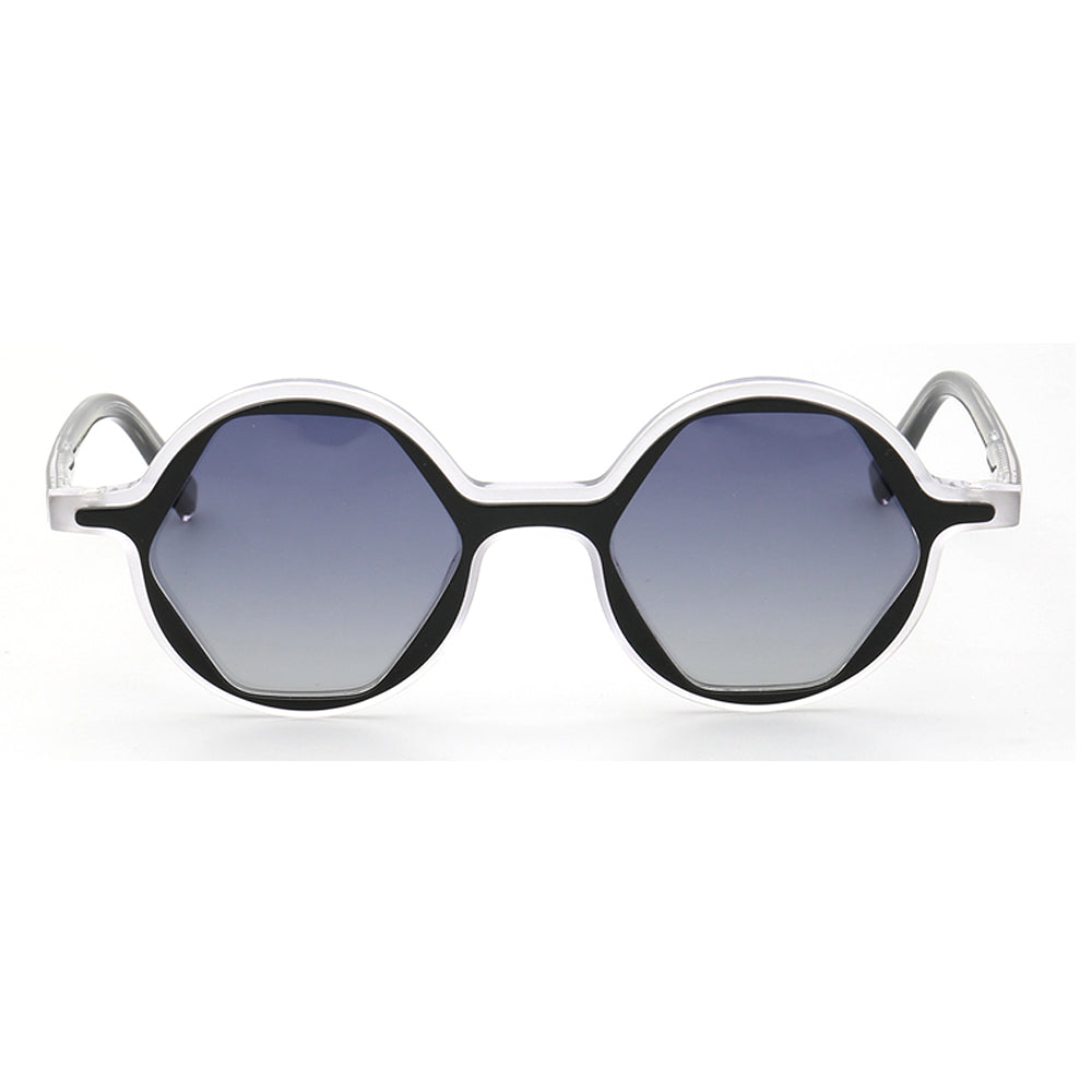 Front view of black and clear round sunglasses