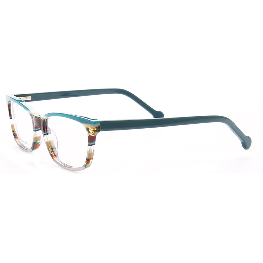 A pair of teal colored striped glasses for women