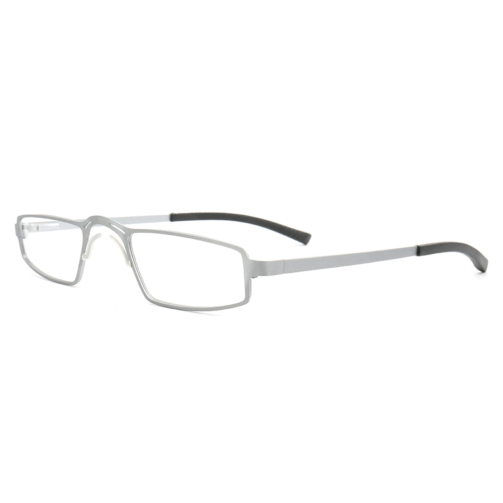 A pair of rectangular silver eyeglass frames