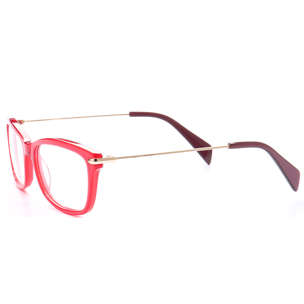 Side view of red acetate and metal eyeglass frames