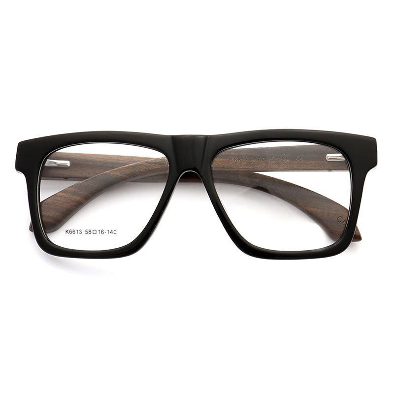 A pair of oversized square wooden eyeglasses