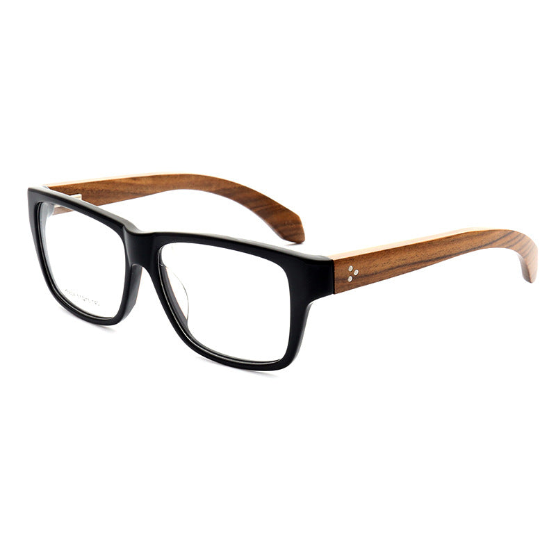 Side view of black and brown full rim wood eyeglasses