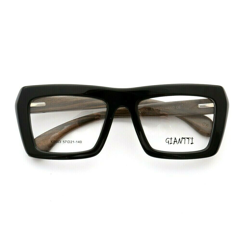 Front view of black wooden oversize eyeglasses