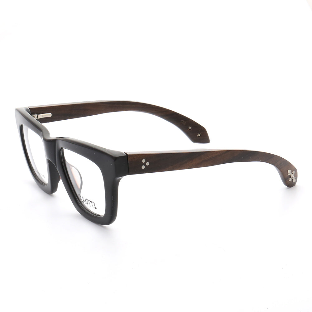 Side view of glossy black full rim wooden eyeglass frames