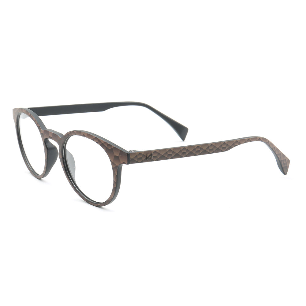 Temple of brown full rim round eyeglasses