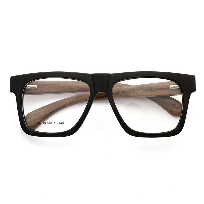 A pair of black oversized eyeglasses with wooden temples