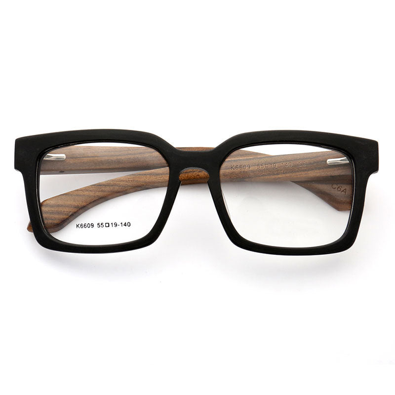A pair of oversized wooden eyeglass frames for men and women