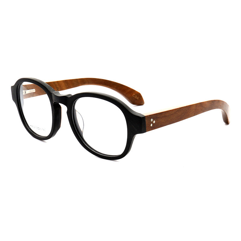 Side view of round wooden full rim eyeglasses