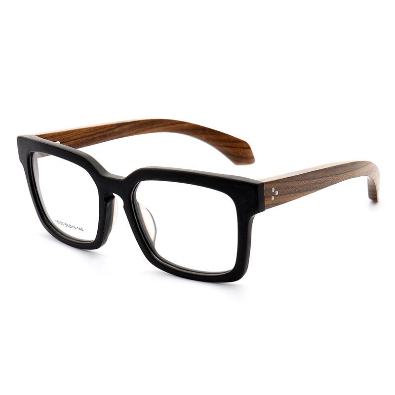A pair of oversized square wooden eyeglasses frames