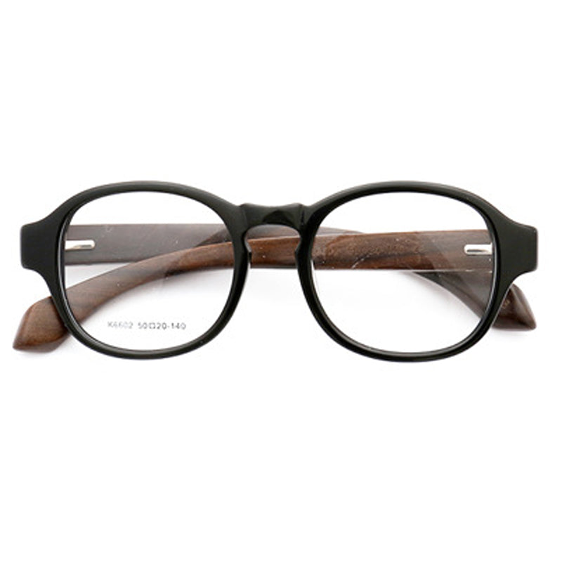 Front view of round wooden nerd eyeglass frames