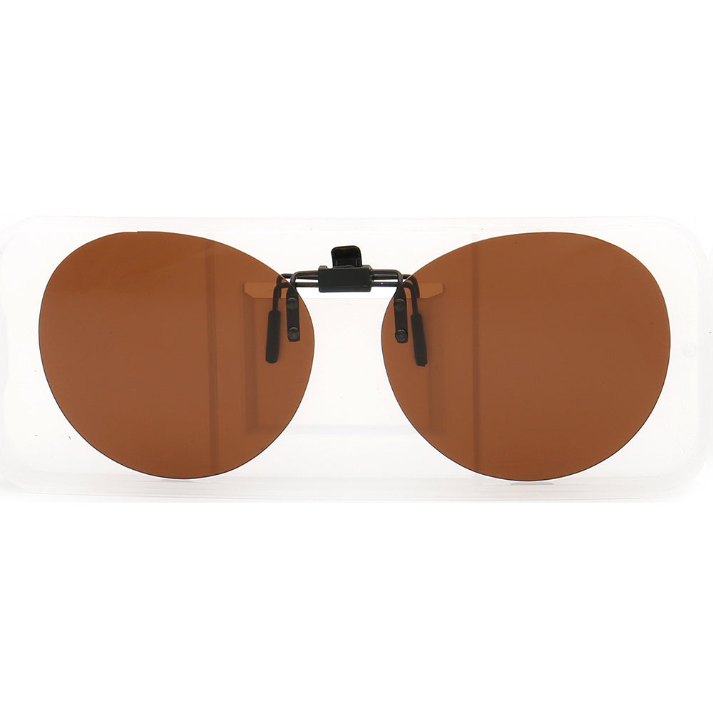 Round auburn colored clip on sunglasses