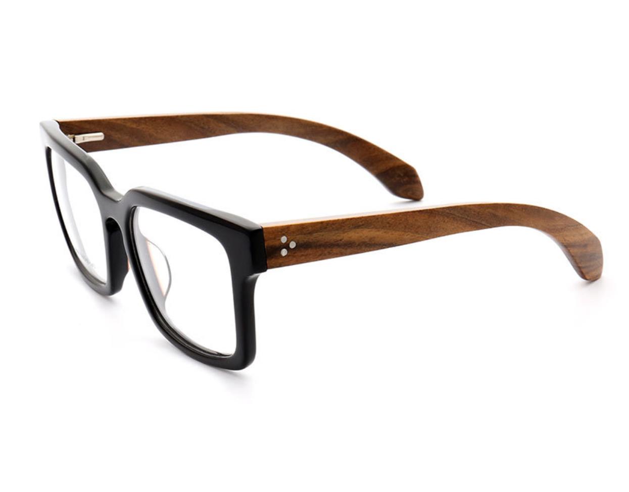 A pair of oversized full rim wooden eyeglass frames