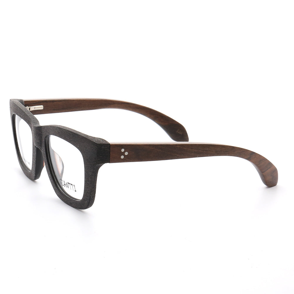 Side view of black full rim wooden eyeglass frames