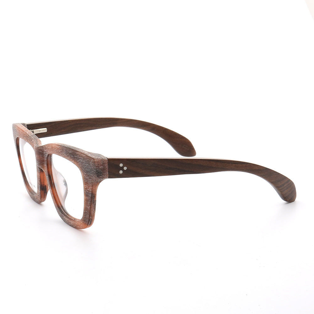 Side view of auburn colored full rim wooden eyeglass frames