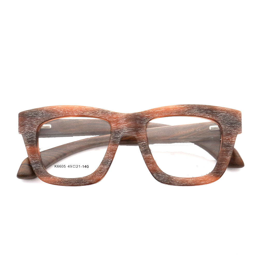 Auburn colored full rim wooden eyeglass frames