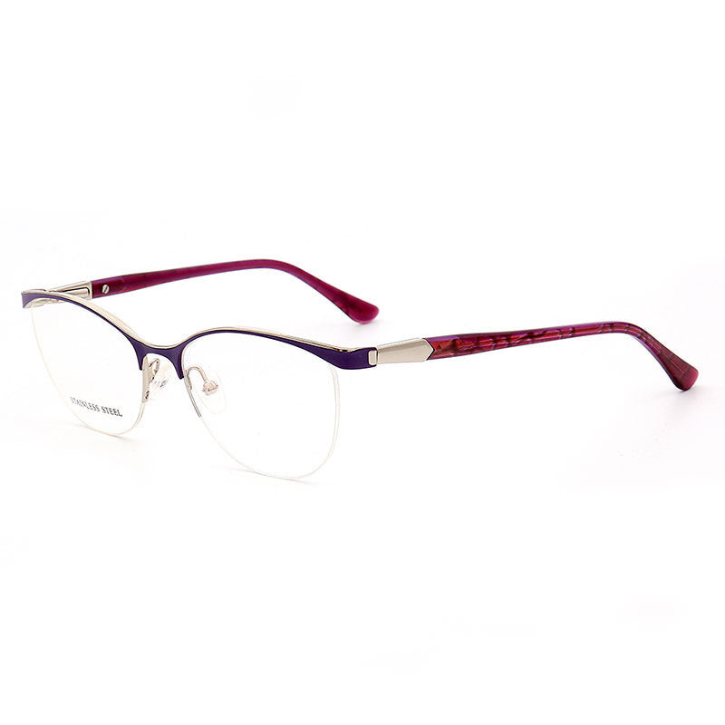 Regina | Half Rim Stainless Steel Eyeglasses For Women | Modern Frame w/ Patterned Temple