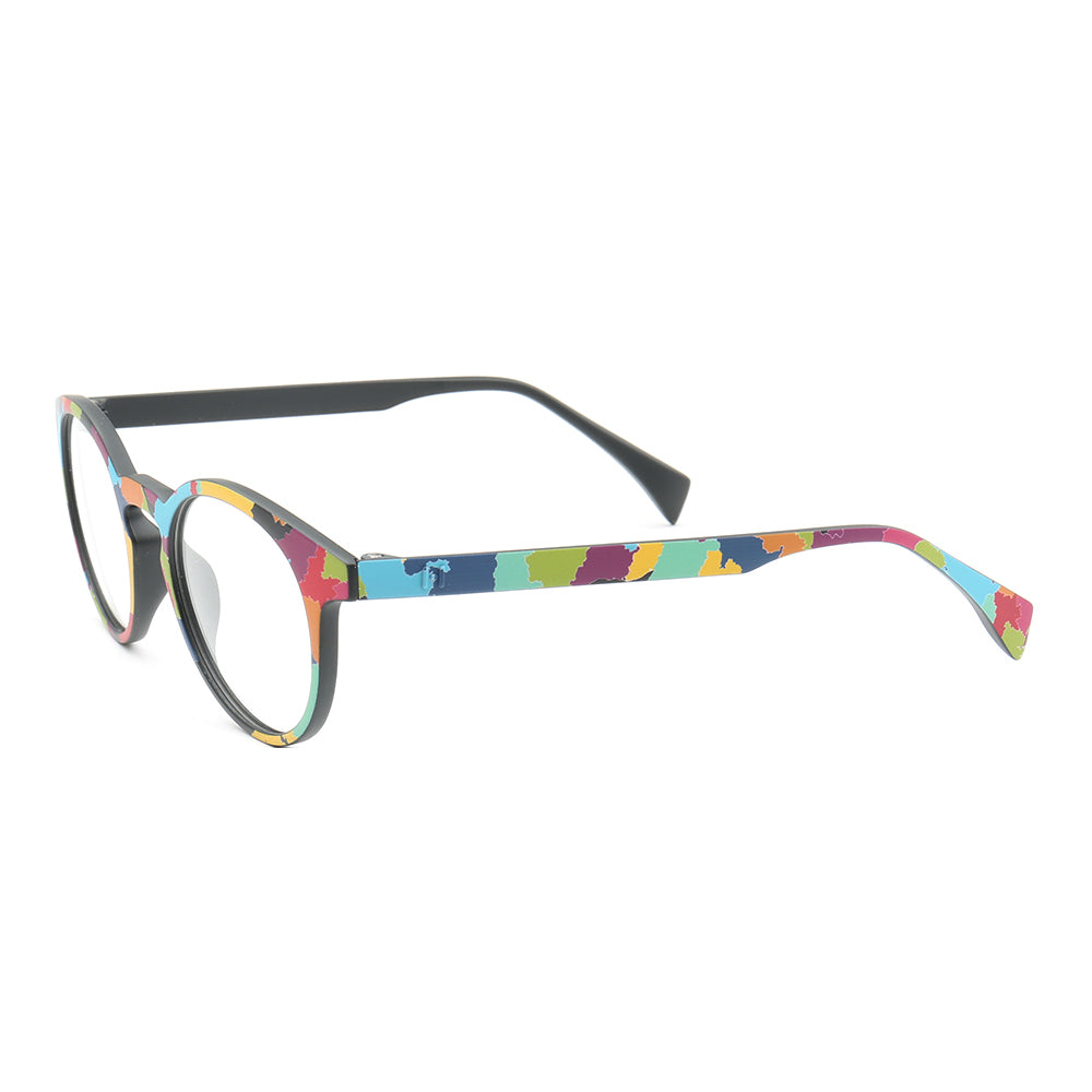 Temple of round rainbow colored eyeglasses