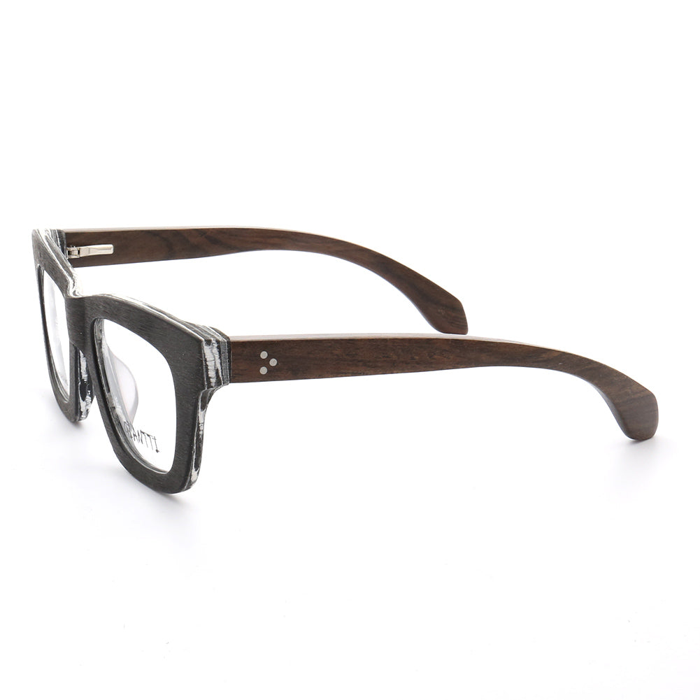 Side view of full rim wooden eyeglass frames