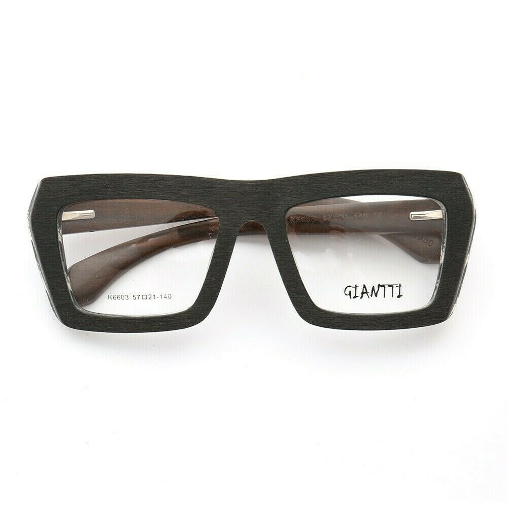 Front view of black and white wooden square eyeglasses