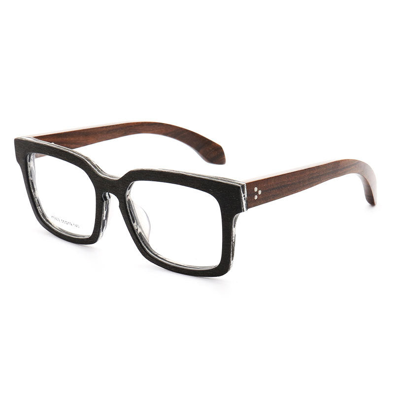 A pair of full rim oversized wooden eyeglasses