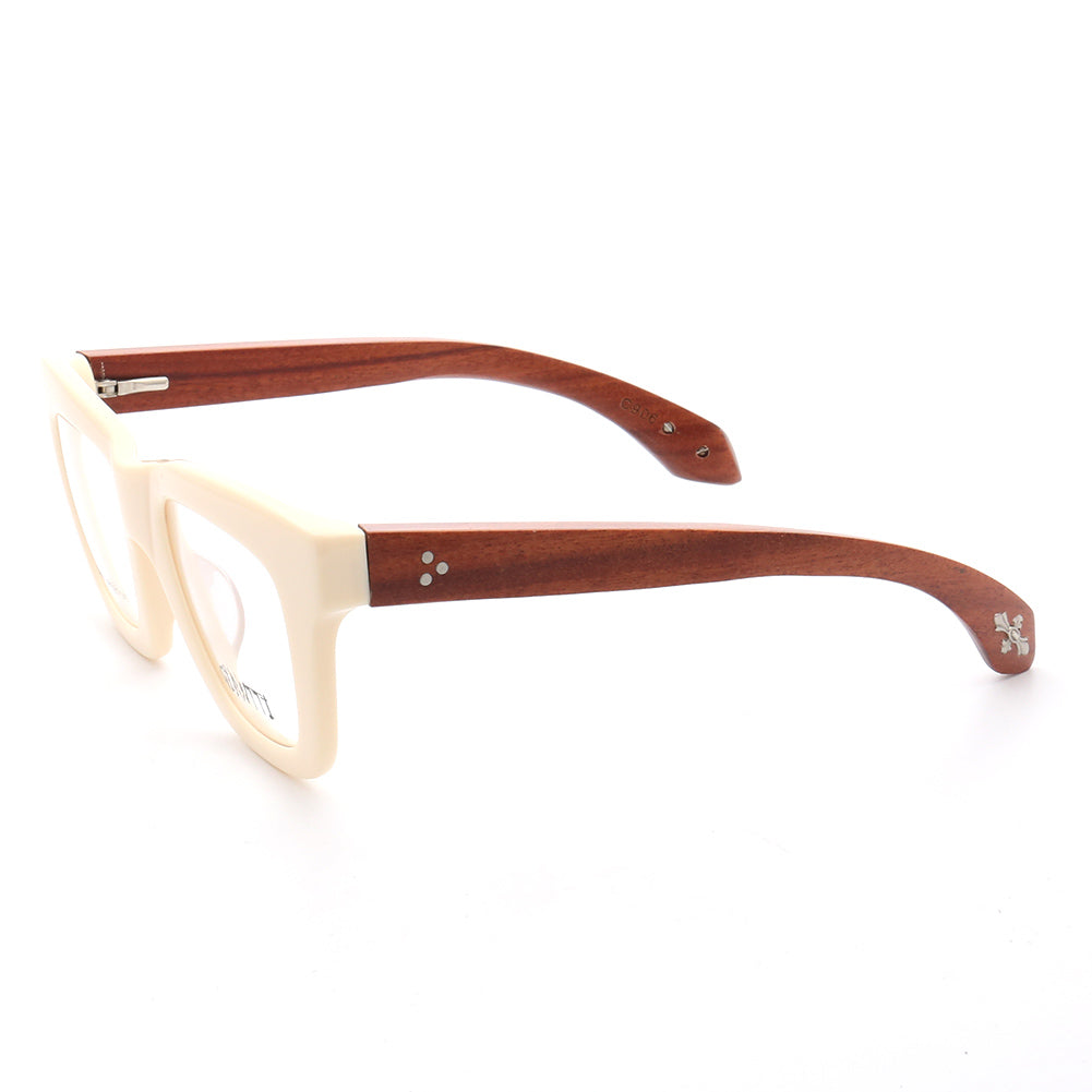 Side view of cream colored wooden eyeglass frames