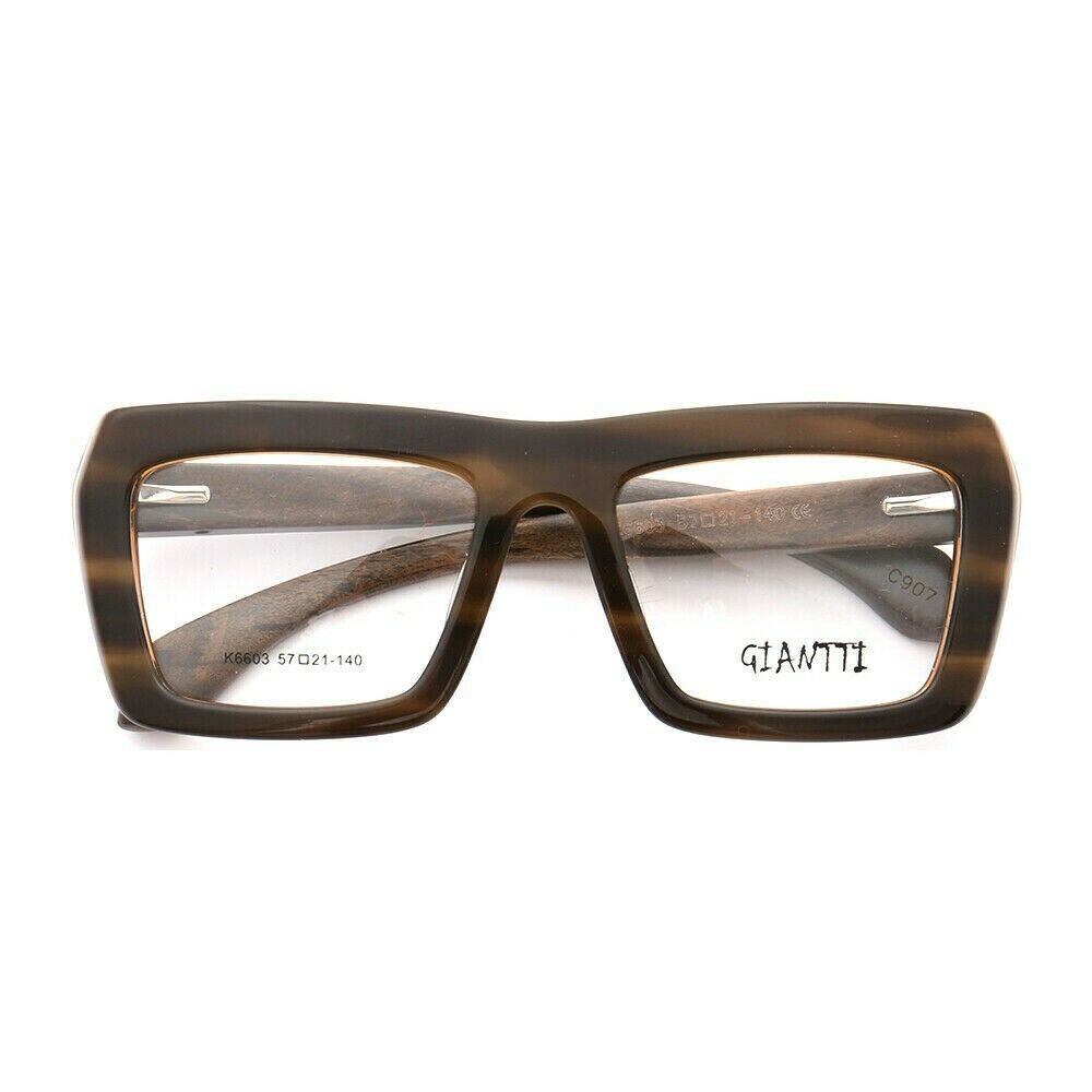 Front view of brown oversize square shaped wooden eyeglasses