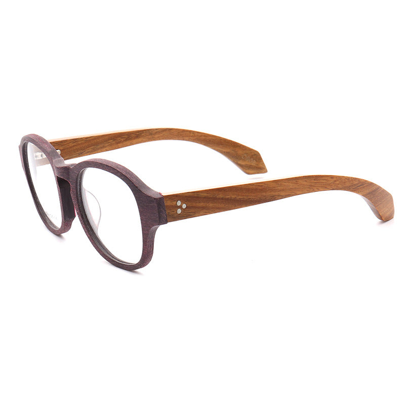 Side view of maroon colored wood eyeglass frames