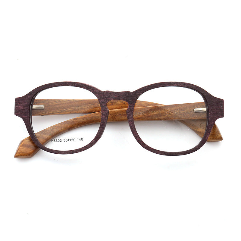 Maroon colored wooden eyeglass frames