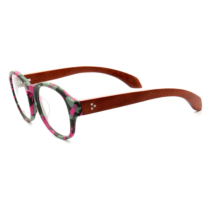 Side view of pink camo wooden glasses frames